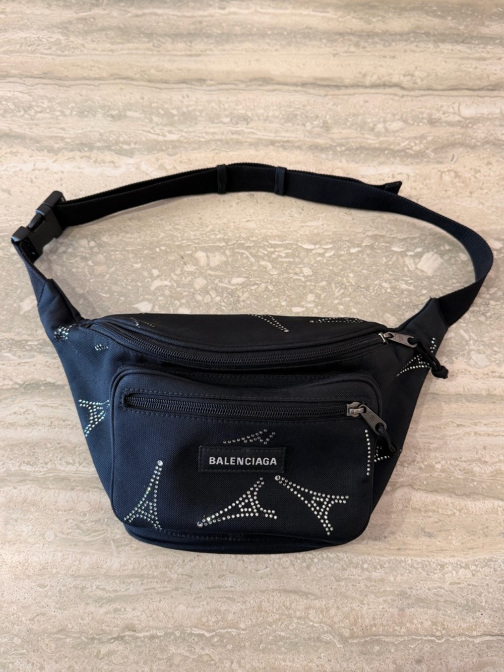 BALENCIAGA BLACK NYLON CRYSTAL EMBELLISHED EIFFEL TOWER EXPLORER FANNY PACK